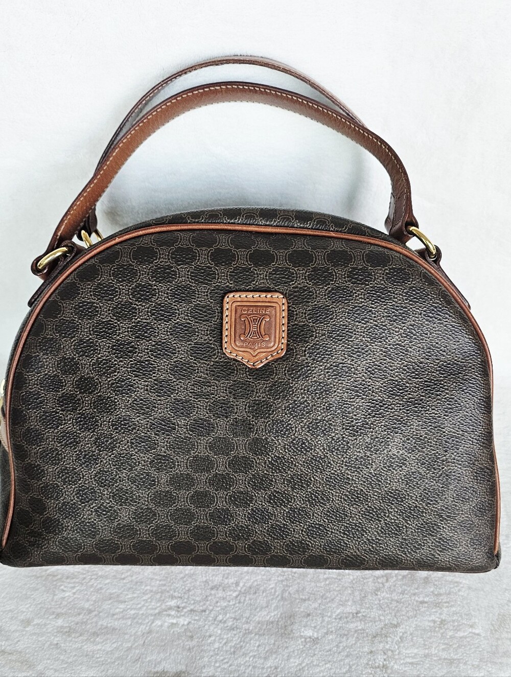 Celine Macadam Dome Bag with Tan Calfskin Leather Trim